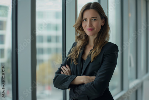 Free Download Businesswoman in a black suit is standing in front of a window with her arms crossed - GFXLoad