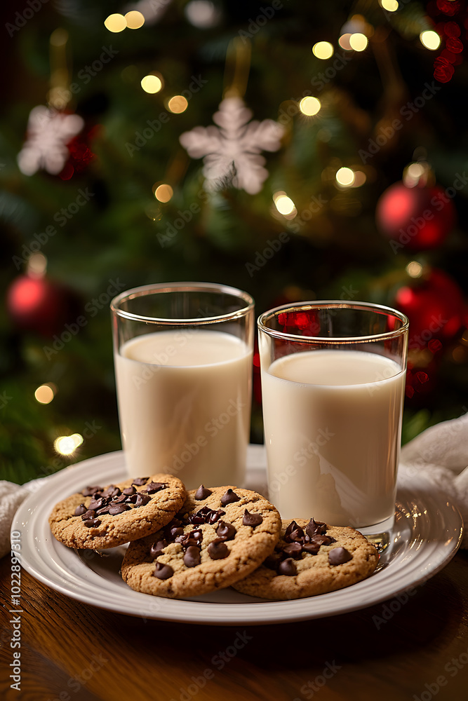glasses of milk and cookies in front of the Christmas tree glasses of milk and cookies in front of the Christmas tree