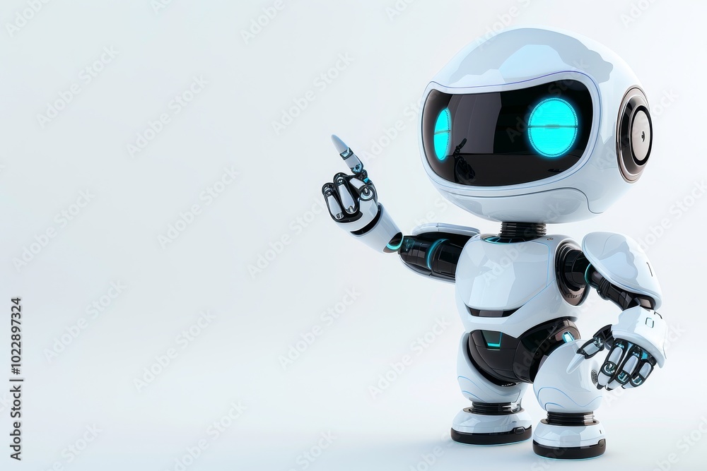 The robot character stands confidently, pointing with one finger while displaying bright blue eyes, showcasing a friendly and engaging demeanor. The robot character stands confidently, pointing with one finger while displaying bright blue eyes, showcasing a friendly and engaging demeanor.