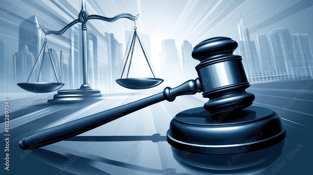 A gavel and scales of justice symbolize law and order in a modern cityscape. A gavel and scales of justice symbolize law and order in a modern cityscape.