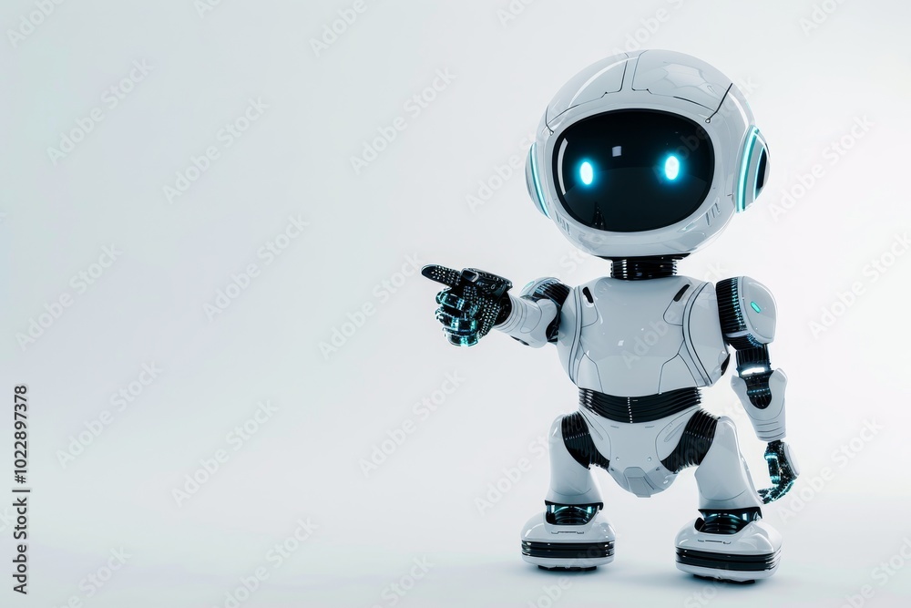 The small white robot stands confidently, pointing with its glowing blue eyes in a clean, minimalist studio setting featuring a bright background. The small white robot stands confidently, pointing with its glowing blue eyes in a clean, minimalist studio setting featuring a bright background.