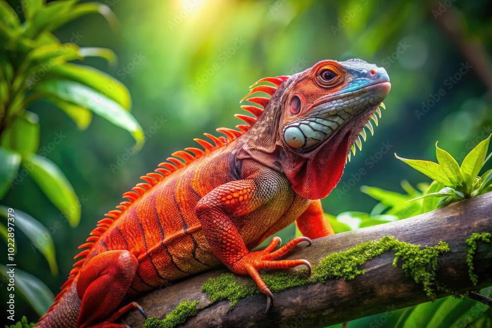 Fototapeta premium Vibrant Super Red Iguana Perched on Branch in Lush Green Environment Under Natural Sunlight