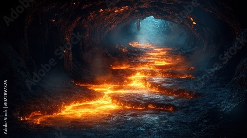 Lava Flowing Through Dark Cave