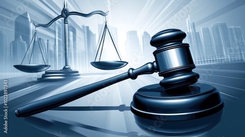 A gavel and scales of justice symbolize law and order in a modern cityscape.