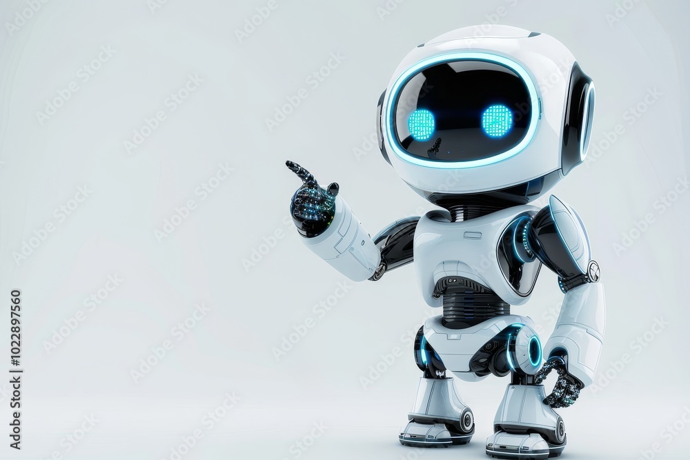 A small, advanced robot with a friendly demeanor stands upright, pointing with its right hand. Its glowing blue eyes and sleek white exterior create a captivating look. A small, advanced robot with a friendly demeanor stands upright, pointing with its right hand. Its glowing blue eyes and sleek white exterior create a captivating look.