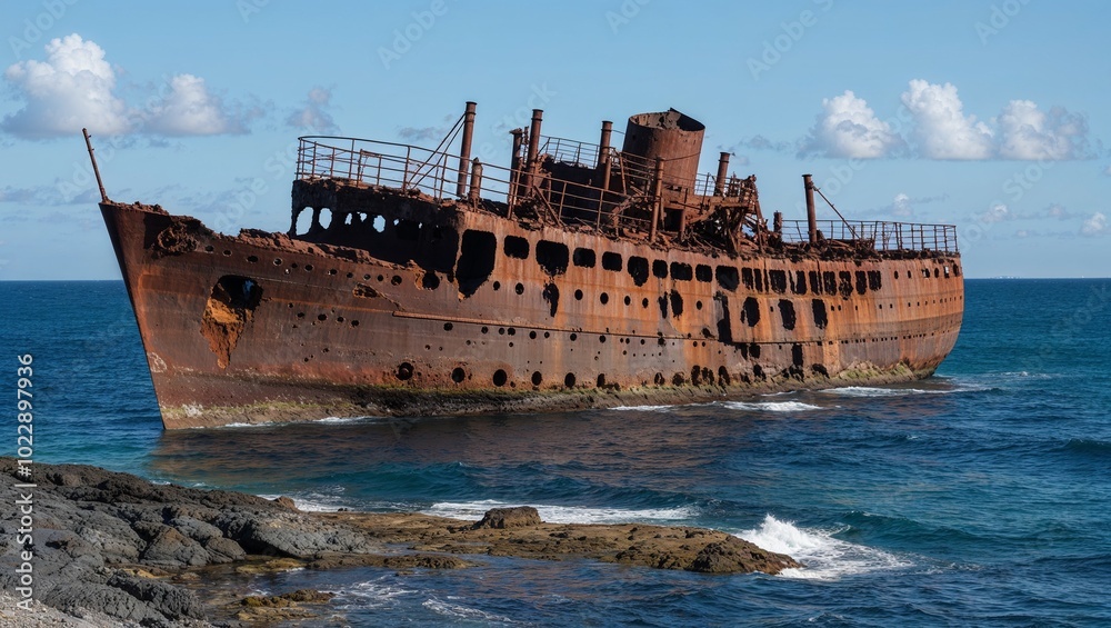 rusted, abandoned shipwreck situated on a rocky shoreline against a backdrop of the ocean rusted, abandoned shipwreck situated on a rocky shoreline against a backdrop of the ocean