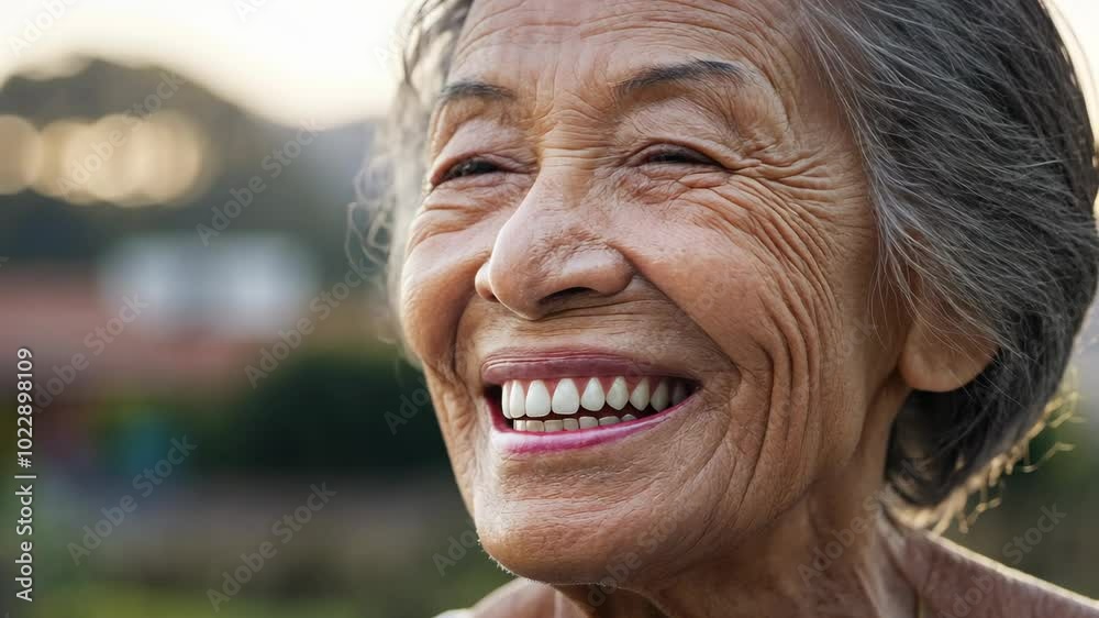 Elderly Caucasian woman smiling broadly with white teeth in natural light Elderly Caucasian woman smiling broadly with white teeth in natural light