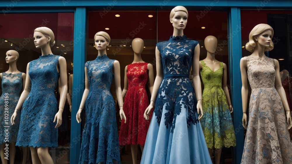 Fototapeta premium Stylish mannequins dressed in elegant women's dresses display fashionable outfits outside a store window, showcasing the latest trends