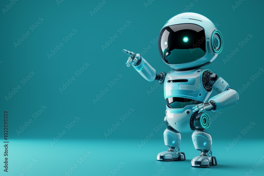 The futuristic robot, featuring a sleek design and a glowing green light, confidently points to the right, demonstrating its advanced capabilities and modern aesthetics. The futuristic robot, featuring a sleek design and a glowing green light, confidently points to the right, demonstrating its advanced capabilities and modern aesthetics.