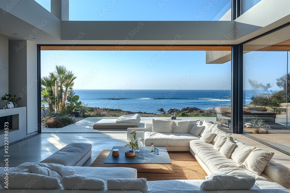 Fototapeta premium Luxurious Coastal Living Room with Panoramic Ocean View in Contemporary Beach House