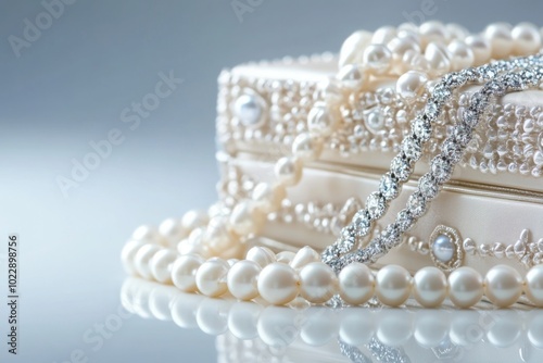 A pearl necklace and a diamond bracelet resting on a luxurious jewelry box