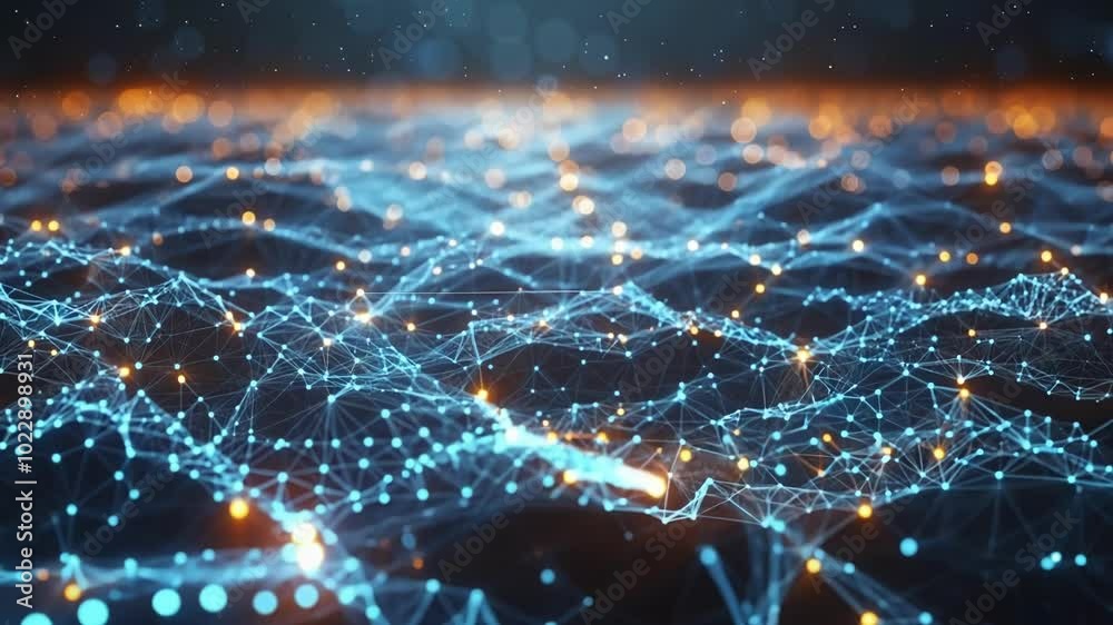Glowing blue lines and dots create a digital landscape, symbolizing data flow and connectivity in technology. The abstract design conveys innovation and the power of information in the digital era