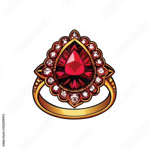 Illustration of a gold ring with a large pear shaped ruby surrounded by smaller diamonds.