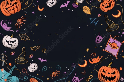 Halloween-themed border with pumpkins, bats, and ghosts for spooky design. AI