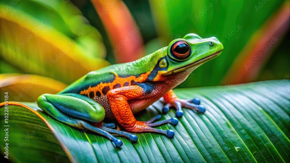 Naklejka premium Vibrant Tongue Frog Resting on Leaf in a Lush Green Environment of Tropical Rainforest Habitat