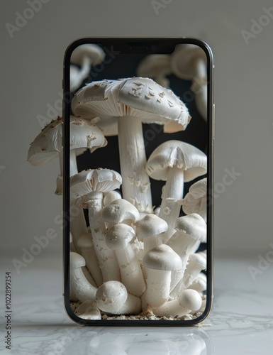 close up of mushrooms as wallpaper in mobile phone, show unique shape, texture, details and pattern. vegan , plant-based, healthy eating food photo