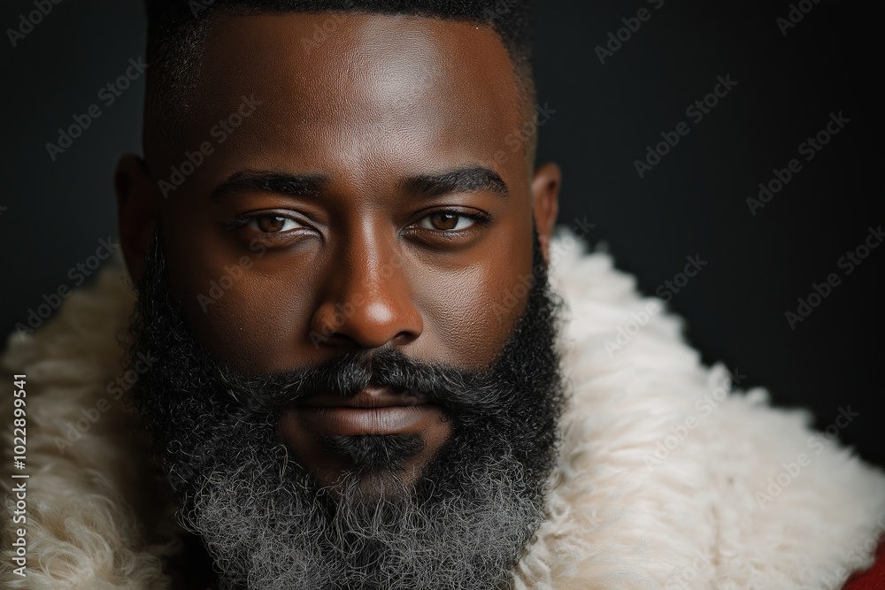 Man with a beard and a white hat. He is wearing a white jacket. He has a beard and a mustache. African American Santa, black groomed beard. Muscle chest, very handsome.