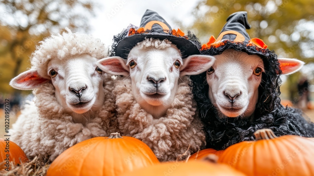 Three sheep in halloween costumes sitting in a pumpkin patch one as a black witch and the other two as white witches