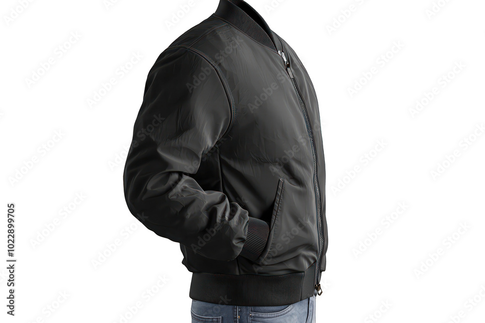 Three-dimensional black bomber jacket, side profile, displayed on a clear PNG. Three-dimensional black bomber jacket, side profile, displayed on a clear PNG.
