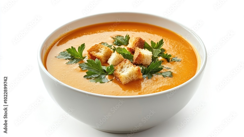 Pumpkin cream soup with parsley and croutons on a white background Pumpkin cream soup with parsley and croutons on a white background