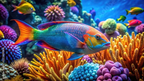 Vibrant Turbo Fish Swimming in Clear Blue Water Among Colorful Coral Reef Underwater Scene