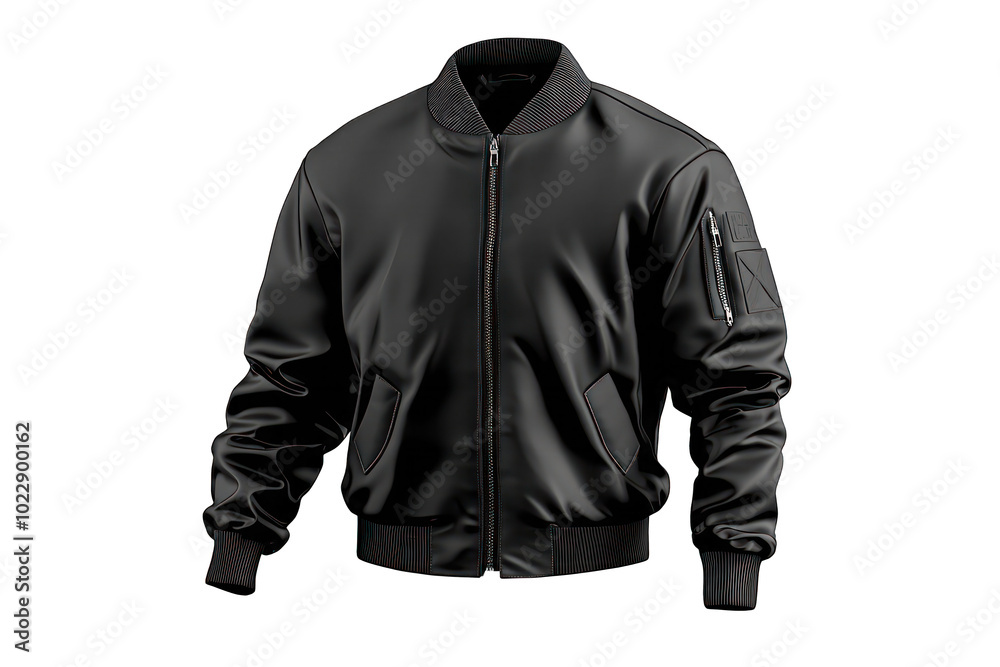 Black unisex bomber jacket in 3D, side view with zip, on a transparency. Black unisex bomber jacket in 3D, side view with zip, on a transparency.