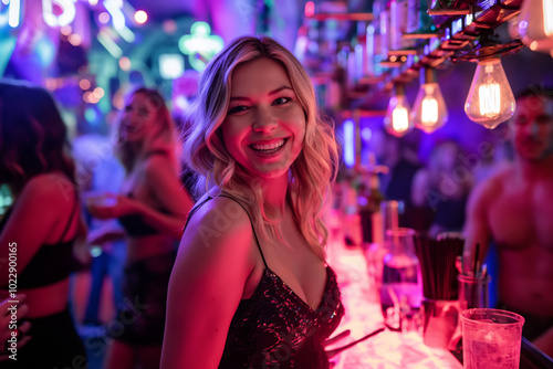 Attractive blonde woman in her late thirties, wearing a black dress and tights standing behind the bar at club smiling for the camera, people partying around with drinks on the top counter, photo