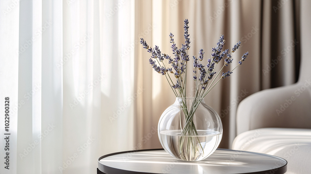 Minimalist glass vase with a few lavender stems, on a modern side table with clean lines, soft neutral tones in the room Minimalist glass vase with a few lavender stems, on a modern side table with clean lines, soft neutral tones in the room