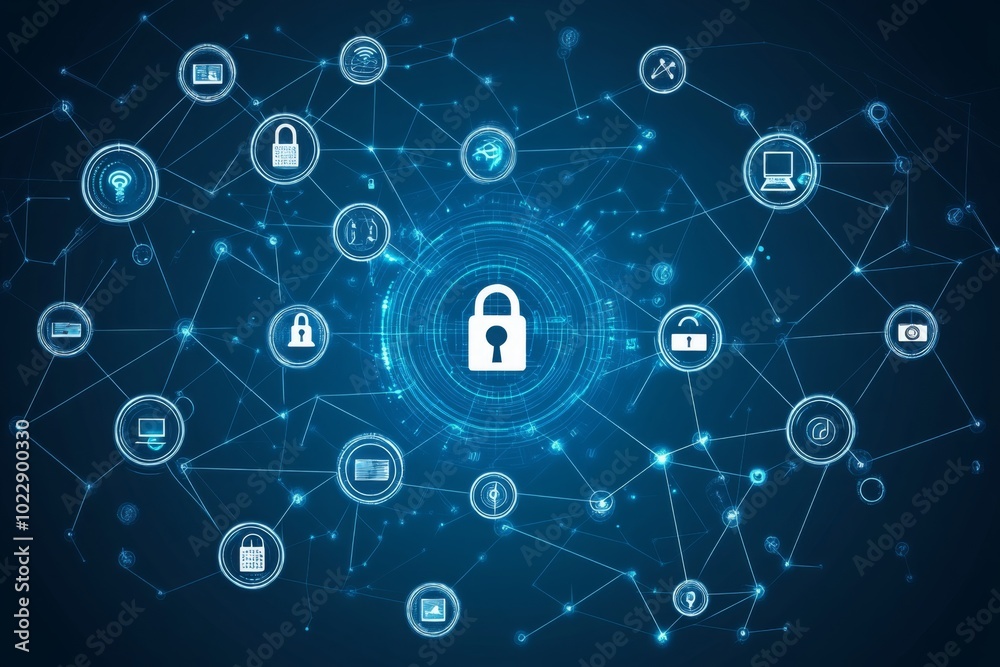 Cybersecurity network with a padlock at the center protecting connected devices Cybersecurity network with a padlock at the center protecting connected devices