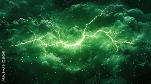 Spectacular green lightning storm illuminating dramatic night sky with electrifying energy