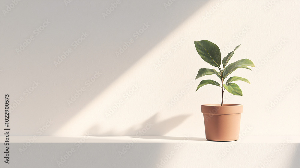 Minimalist houseplant in a simple clay pot on a sleek, white shelf, with empty wall space around it and soft shadowing from overhead lighting Minimalist houseplant in a simple clay pot on a sleek, white shelf, with empty wall space around it and soft shadowing from overhead lighting