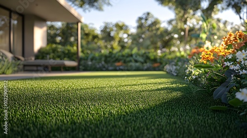 Wallpaper Mural Beautiful home with a modern front yard design featuring artificial grass, a pebble edge, and tropical plants Torontodigital.ca