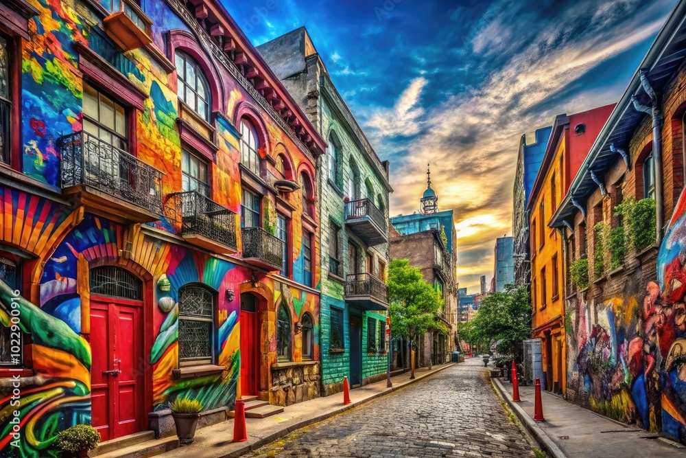 Fototapeta premium Vibrant Urban Street Scene with Colorful Graffiti, Classic Architecture, and Lively City Atmosphere