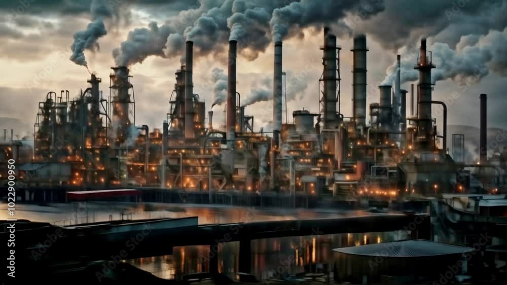 Industrial Factory With Smoke Stacks And Glowing Lights At Dusk Industrial Factory With Smoke Stacks And Glowing Lights At Dusk
