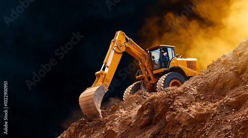 Backhoe operator controlling the extraction process in a quarry photo