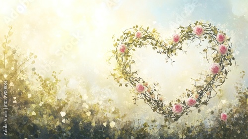 A heart-shaped floral arrangement with roses, set against a soft, dreamy background.