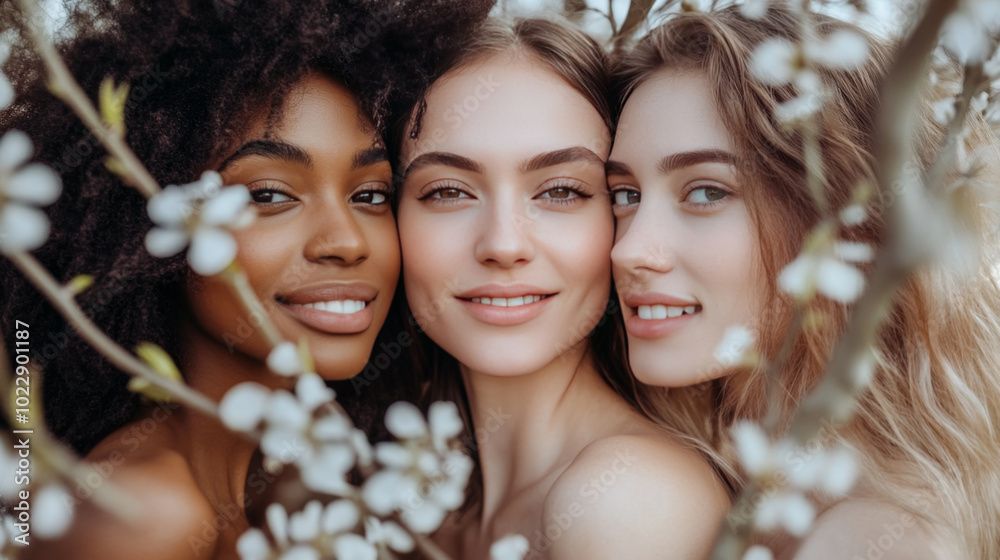 Three women of different ethnicities with cherry blossoms. Three women of different ethnicities with cherry blossoms.