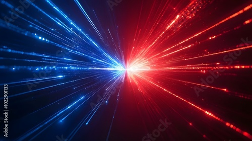 Abstract background with rays of light, in shades of blue and red, a futuristic technology concept