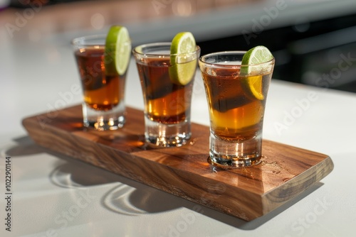 Three well-presented shots of dark liquor are garnished with lime slices and placed on a rustic wooden tray in a stylish bar, creating an inviting atmosphere.