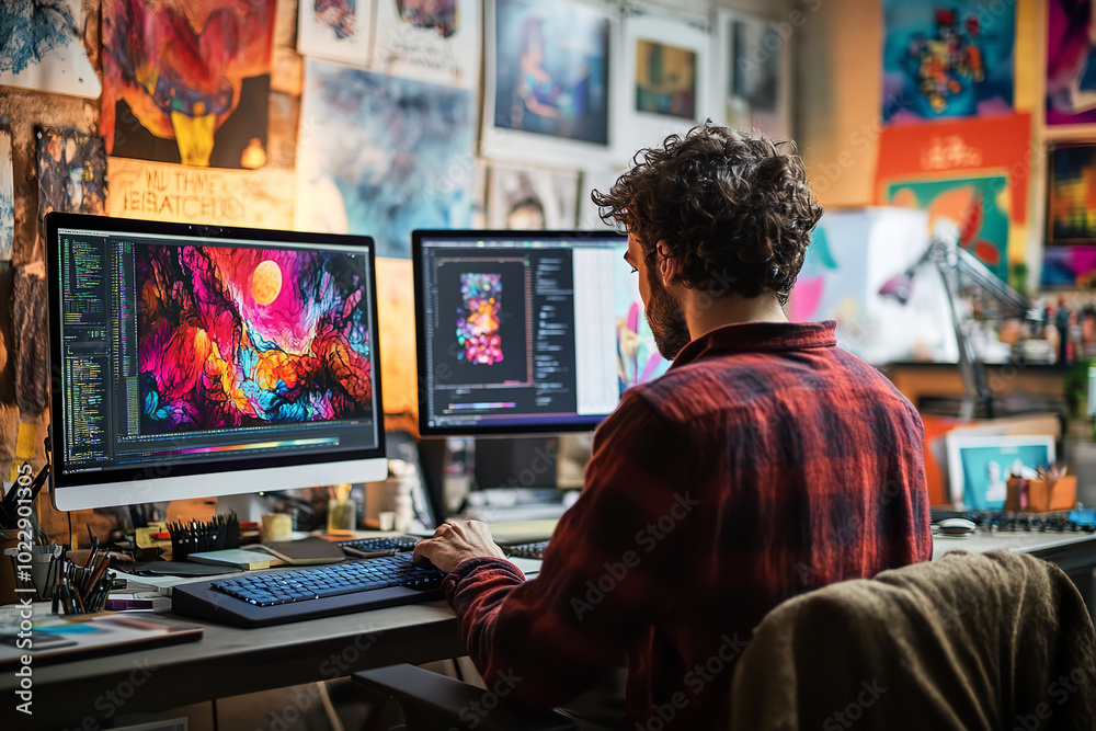 Vibrant Workspace of a Digital Artist with Dual Monitors and Graphics Tablet Vibrant Workspace of a Digital Artist with Dual Monitors and Graphics Tablet