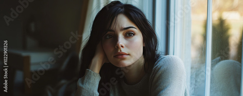 Unhappy young woman sitting near the window