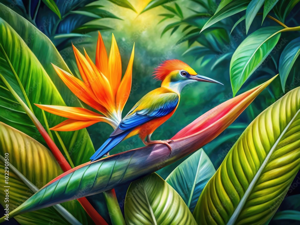 Obraz premium Vibrant Watercolor Illustration of a Bird of Paradise with Lush Tropical Foliage Background