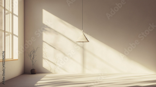 Minimalist interior with a simple pendant light casting soft shadows across an uncluttered, open space