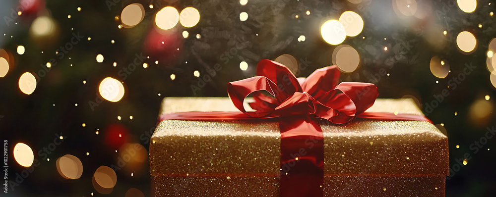 A festive Christmas image featuring a beautifully wrapped golden gift box adorned with a large red bow A festive Christmas image featuring a beautifully wrapped golden gift box adorned with a large red bow