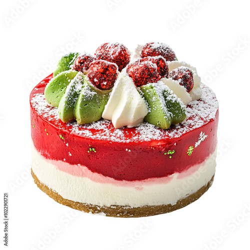 Festive Christmas cake with drizzled snowy icing on an isolated background