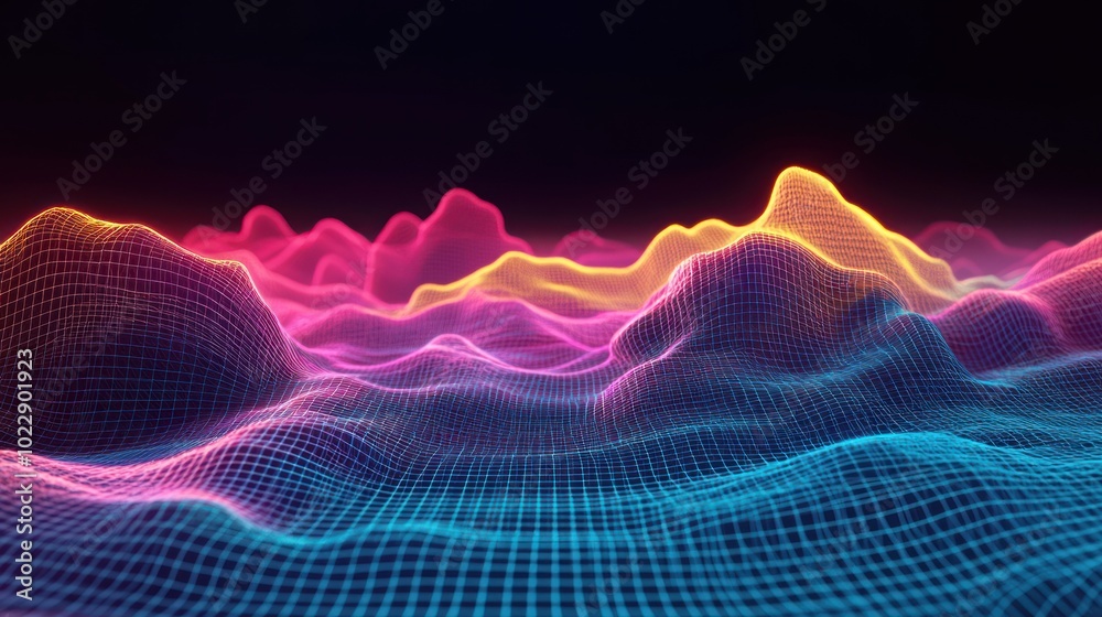 Abstract wave-like digital landscape with vibrant colors and a grid structure. Abstract wave-like digital landscape with vibrant colors and a grid structure.