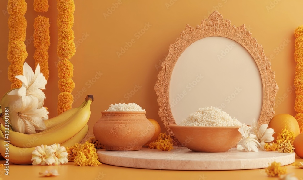Obraz premium 3D podium with a round background, an Indian traditional pot, and coconut fruits on the side of it, on a brown color background