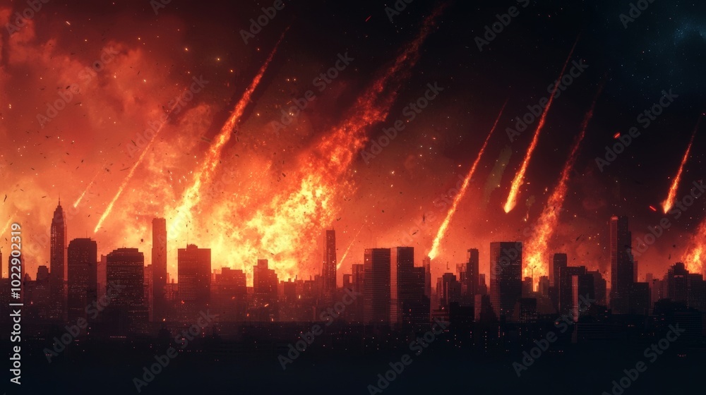 Fototapeta premium A fiery skyline under attack by meteors, creating a dramatic, apocalyptic scene filled with flames and city silhouettes.