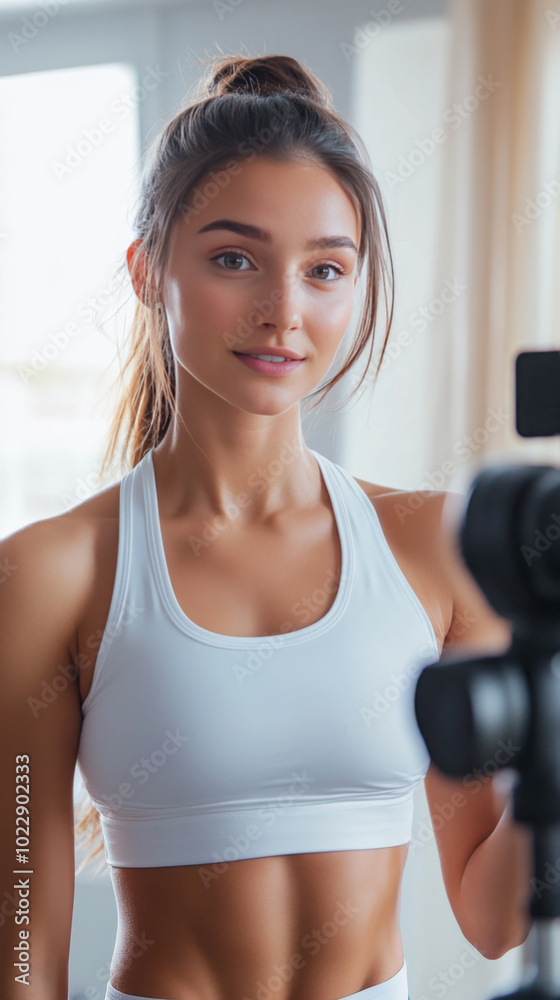 Confident woman standing in a gym, ready for a workout Confident woman standing in a gym, ready for a workout