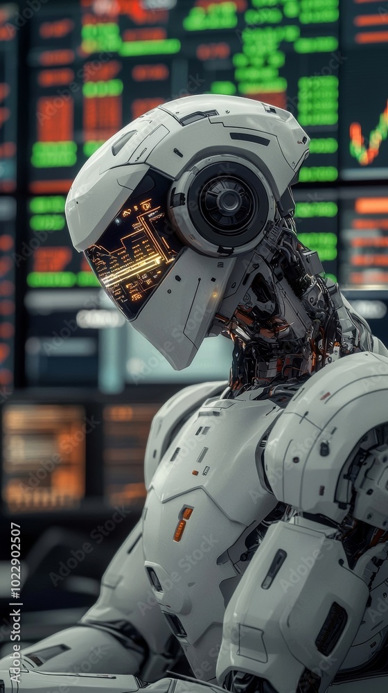 A futuristic robot with a sleek design, observing digital financial data on screens, symbolizing the integration of AI in economics. A futuristic robot with a sleek design, observing digital financial data on screens, symbolizing the integration of AI in economics.